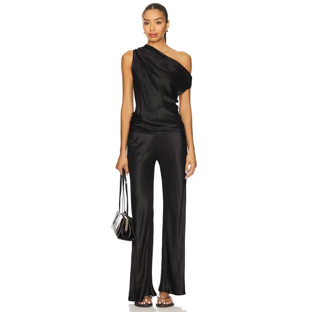 ENZA COSTA Satin Bias Pants Womens Small Black Wideleg Flare Flat Front Pull on